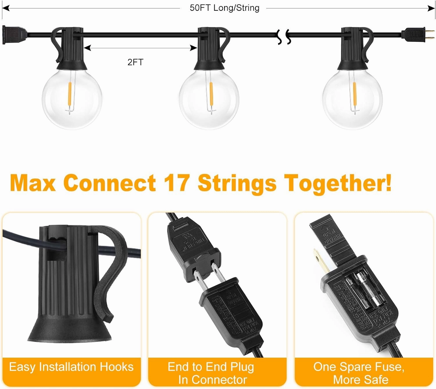 100ft 2-Pack Outdoor G40 LED Globe String Lights Dimmable Waterproof Shatterproof Light Strings with 52 Bulbs Connectable Commercial Hanging Lights for Christmas Patio House Backyard Balcony Party
