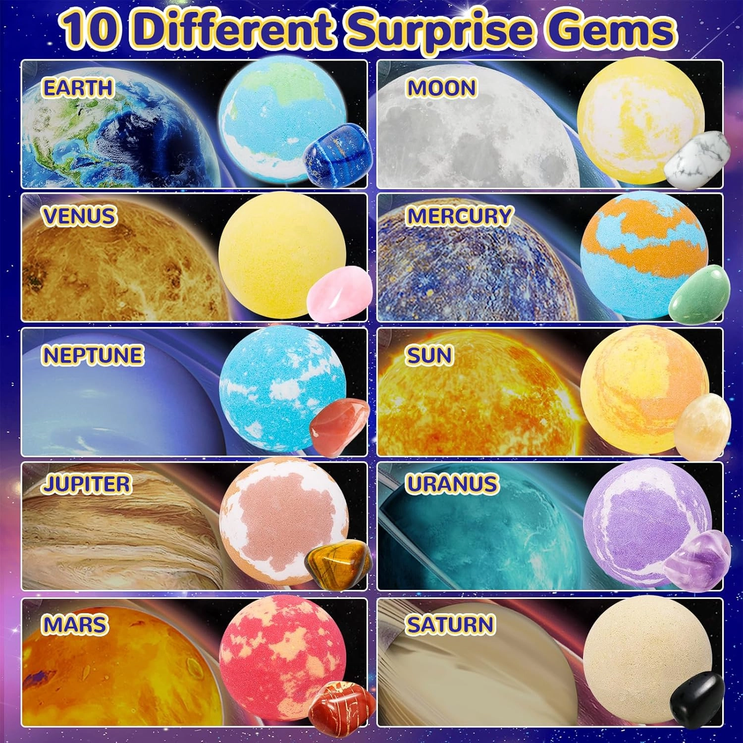 10 Pack Galaxy Bath Bombs for Kids with Surprise Toys Inside Organic Bubble Bath Bombs with Solar System Gemstones Easter Christmas Birthday Gift for Kids Boys Girls