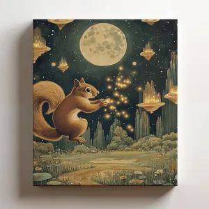 (11 x 14 x 1.25 IN) Gallery Wrapped Canvas Wall Art Print of Dada Poster: Enchanting Squirrel Chasing Fireflies in a Moonlit Meadow, Celestial Landscape with Floating Islands - Perf - 925UNCA0k83120WH