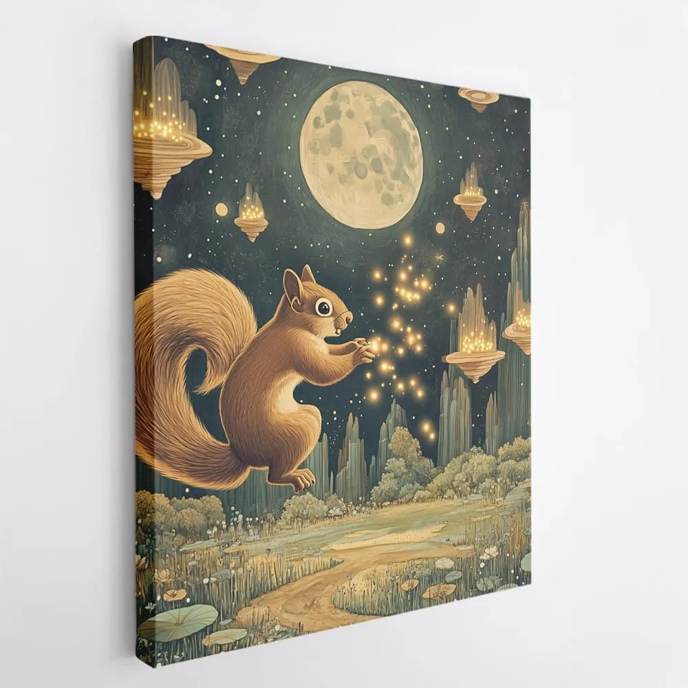 (11 x 14 x 1.25 IN) Gallery Wrapped Canvas Wall Art Print of Dada Poster: Enchanting Squirrel Chasing Fireflies in a Moonlit Meadow, Celestial Landscape with Floating Islands - Perf - 925UNCA0k83120WH