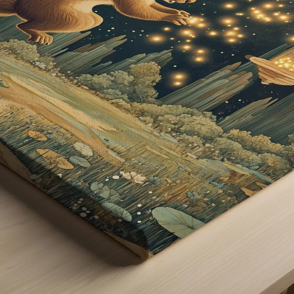 (11 x 14 x 1.25 IN) Gallery Wrapped Canvas Wall Art Print of Dada Poster: Enchanting Squirrel Chasing Fireflies in a Moonlit Meadow, Celestial Landscape with Floating Islands - Perf - 925UNCA0k83120WH