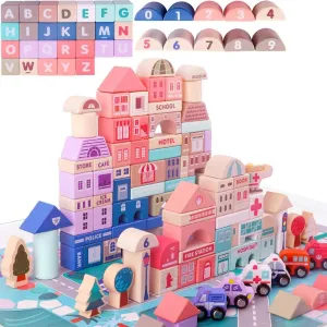 115 Pcs Wooden Building Blocks Toy Set for Kids, City Construction Stacker Stacking Preschool Learning Educational Toys Gifts for 3  Boy Girl Toddler