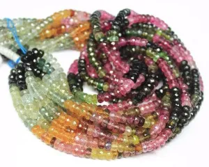 12 inches, 4mm, Multi Watermelon Tourmaline Faceted Rondelle Gemstone Beads