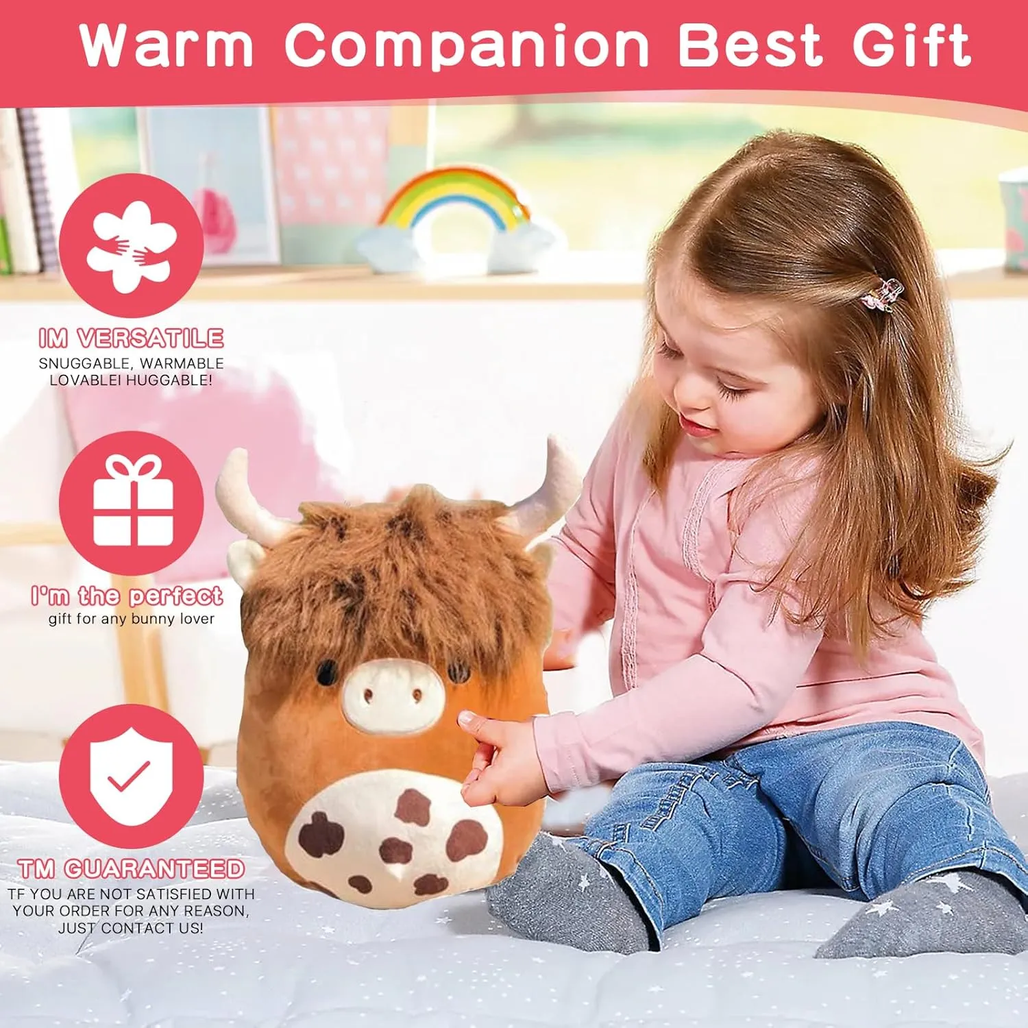 12'' Scottish Cow Plush Toy - Soft Stuffed Animal Pillow for Kids, Girls, Boys - Cute Kawaii Brown Fluffy Cow Plushie for Birthdays