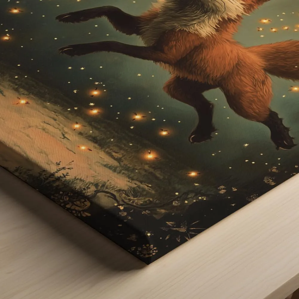(12 x 16 x 1.25 IN) Gallery Wrapped Canvas Wall Art Print of Dada Poster of a Fox Playfully Chasing Fireflies in a Twilight Dreamscape with Celestial Stars - Whimsical Animal Wall A - 925UNCA0k44621WH