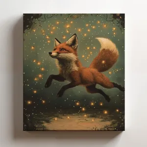(12 x 16 x 1.25 IN) Gallery Wrapped Canvas Wall Art Print of Dada Poster of a Fox Playfully Chasing Fireflies in a Twilight Dreamscape with Celestial Stars - Whimsical Animal Wall A - 925UNCA0k44621WH
