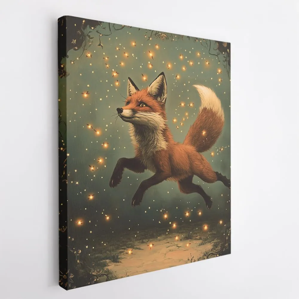 (12 x 16 x 1.25 IN) Gallery Wrapped Canvas Wall Art Print of Dada Poster of a Fox Playfully Chasing Fireflies in a Twilight Dreamscape with Celestial Stars - Whimsical Animal Wall A - 925UNCA0k44621WH