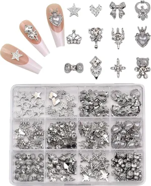 120pcs Crystal Rhinestone Nail Charms Y2k Black Alloy Star Crown Nail Art Charms 3D Pearl Heart Bows with Gemstone Bear Shiny Nail Jewelry Decorations Box Set Nail Tech Accessories Supplies