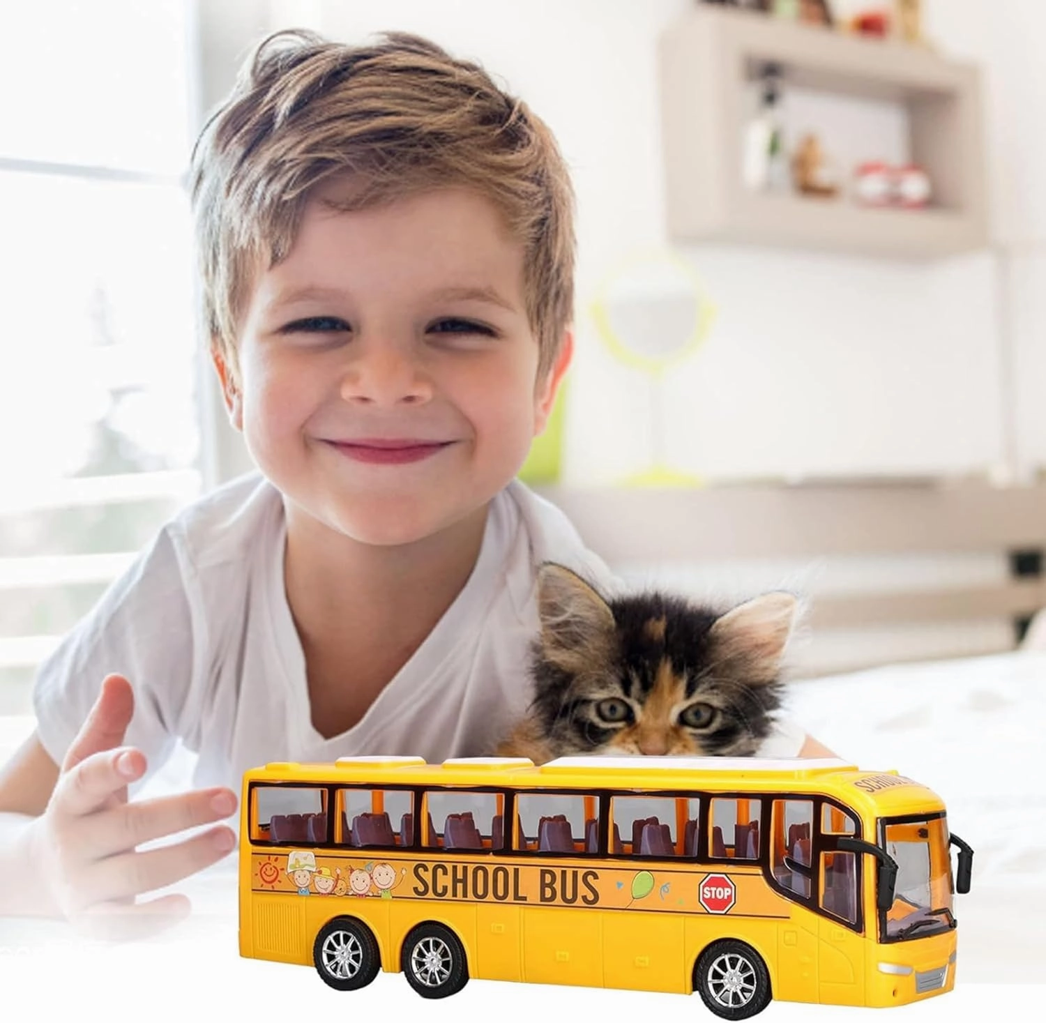 12.5" School Bus Toy for Toddlers, 1/16 Scale Die Cast Plastic Inertia City Vehicle, Baby Cars Model for Kids, Great Play Game for Boys Girls Children Ages 3 