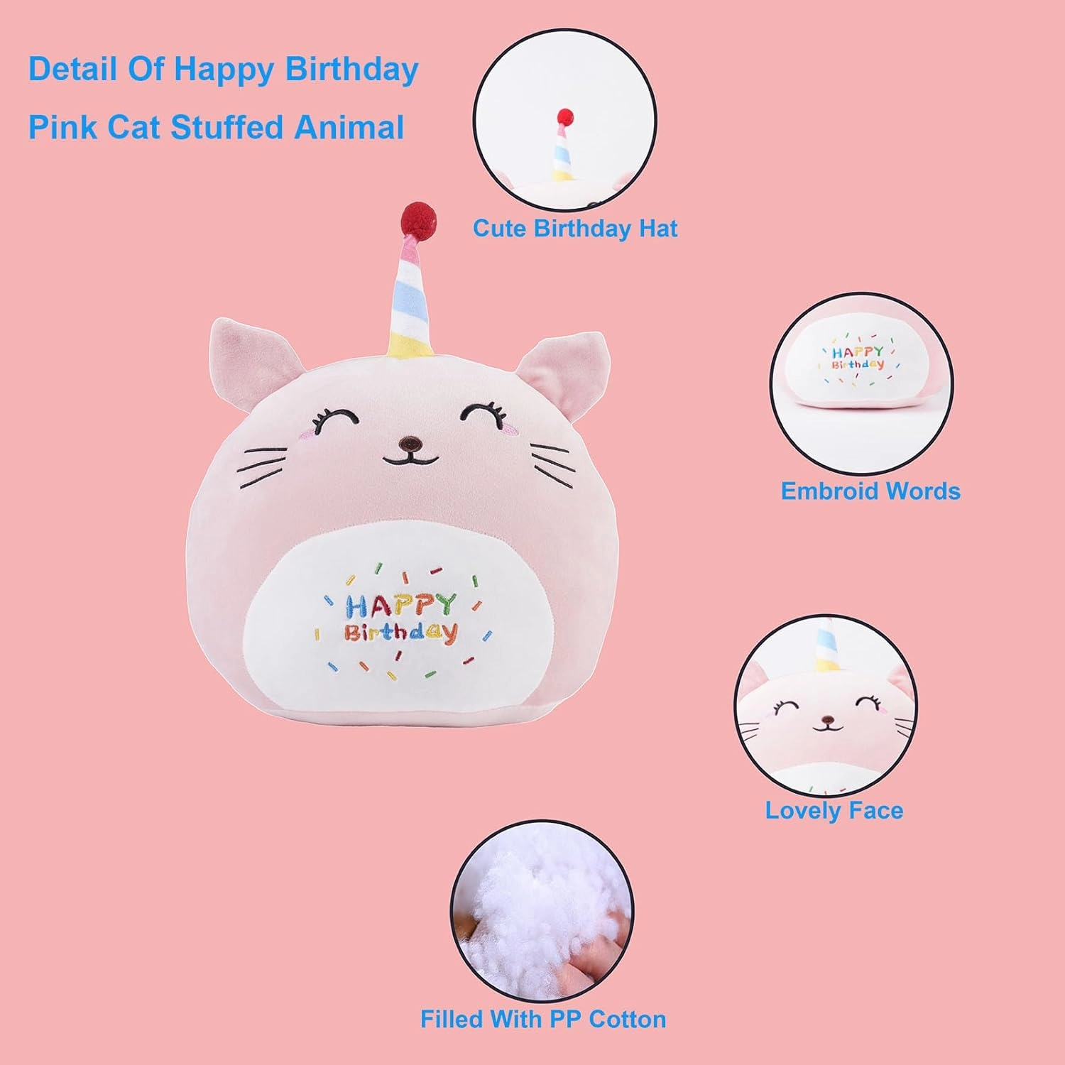12 Inch Plush Birthday Cat Kitty Stuffed Animal Happy Birthday Cat Hugging Pillow Birthday Cat Plushies Throw Pillow Birthday Pink Cat Kitten Anime Gift for Kids and Lovers