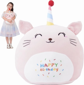 12 Inch Plush Birthday Cat Kitty Stuffed Animal Happy Birthday Cat Hugging Pillow Birthday Cat Plushies Throw Pillow Birthday Pink Cat Kitten Anime Gift for Kids and Lovers