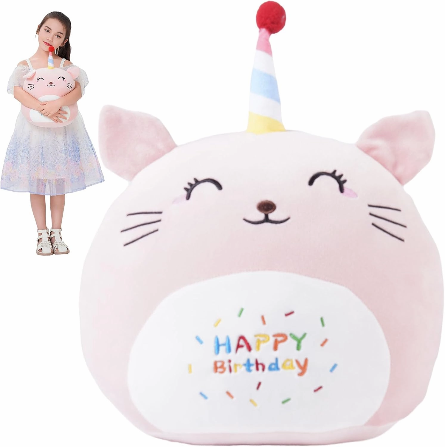 12 Inch Plush Birthday Cat Kitty Stuffed Animal Happy Birthday Cat Hugging Pillow Birthday Cat Plushies Throw Pillow Birthday Pink Cat Kitten Anime Gift for Kids and Lovers