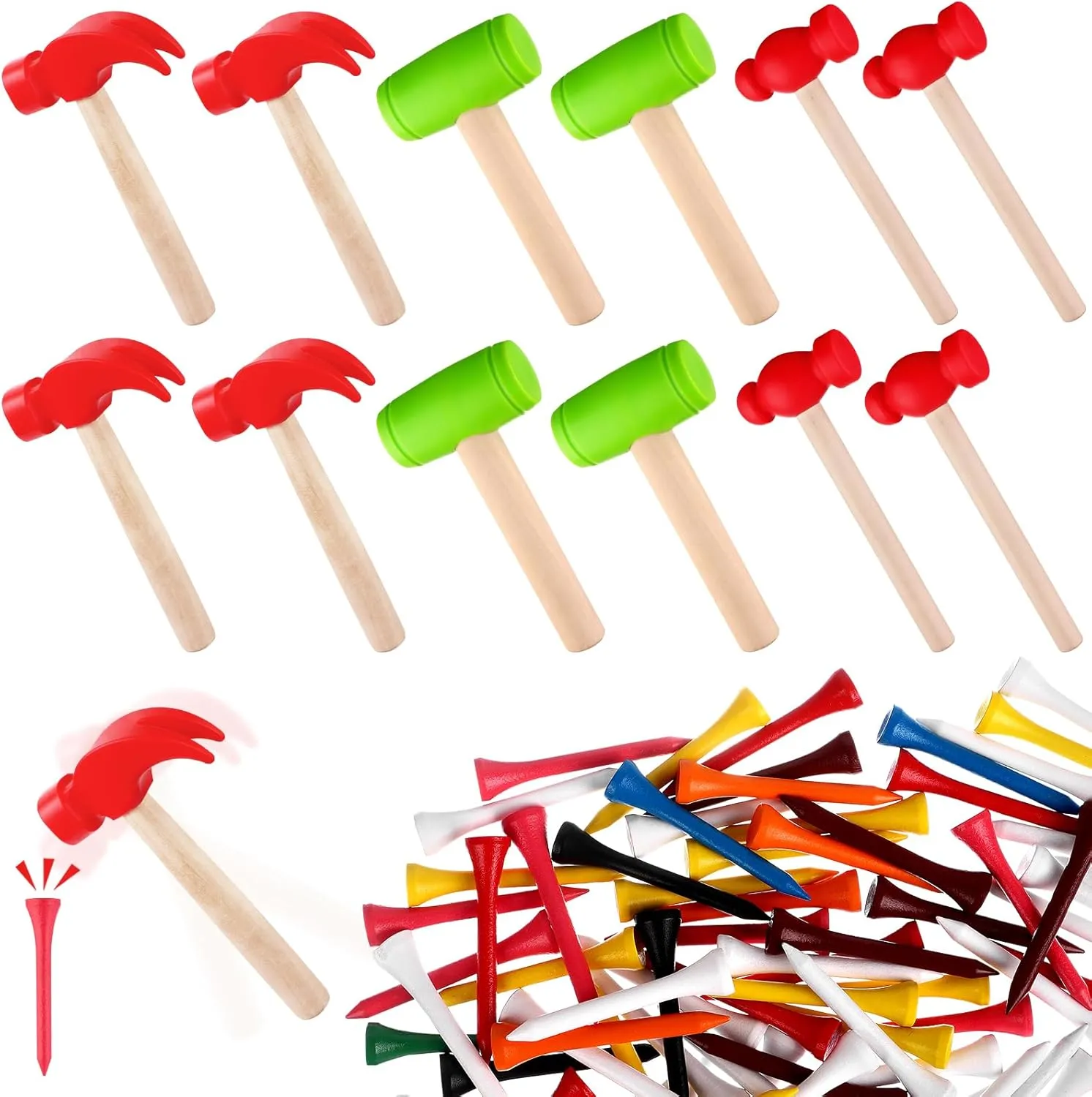 12Pcs Hammer Toys with 100Pcs Small Wooden Hammer Simulation Fake Hammer Maintenance Tools,Toy Hammer Plastic Toddler Claw Hammer Portable Toys Pretend Play Fake Mallet Hammer for Boys Girls
