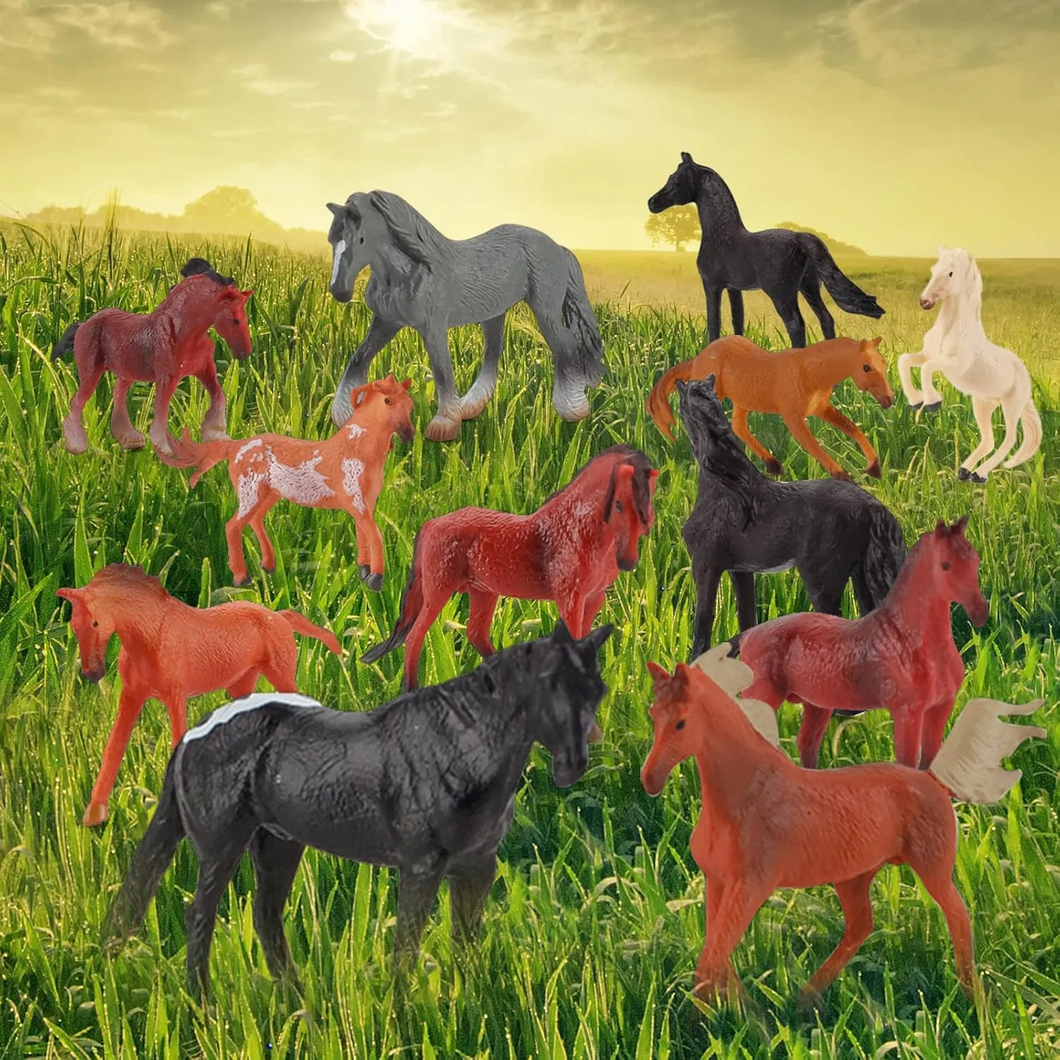 12PCS Realstic Mini Horse Figurines Toy Palyset Arabian Horse Hannover Horse Morgan Stallion Solid Steed Model Set Early Educational Cognitive Toy for Kids
