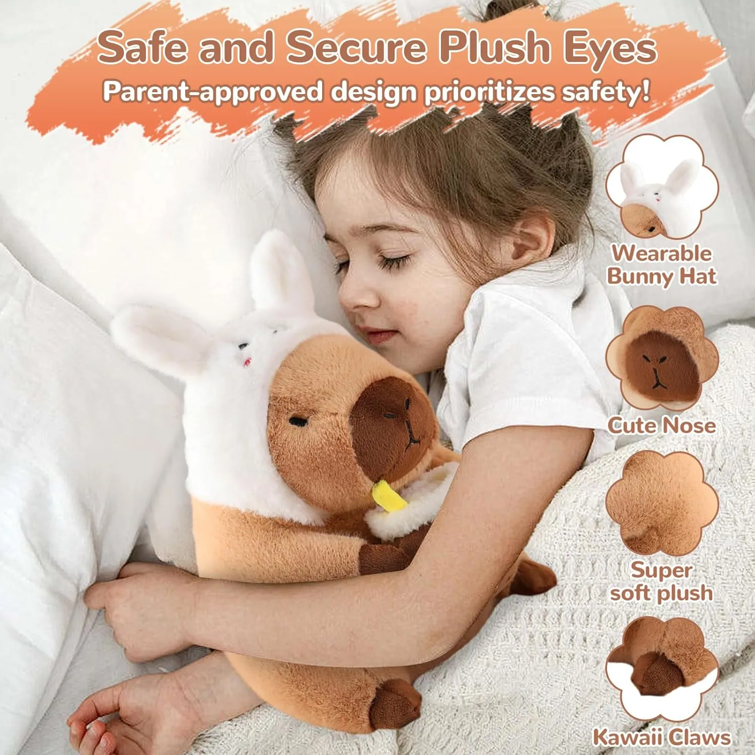 12" Capybara Plush Toy Pillow, Cute Bunny Capybara Stuffed Animal, Soft Plushies Doll for Girls Boys Kids, Kawaii Hugging Toy Birthday Decorations Gifts Toys