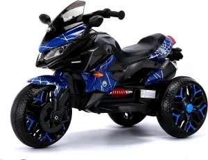 12V Kids 3 Wheel Electric Motorcycle for 3-8 Years Boys Girls Ride on Electric Motorbike, Connect with Phone, Lighting Wheels, Hand Drive for Child Electria Toy Gift, Reticulate Blue