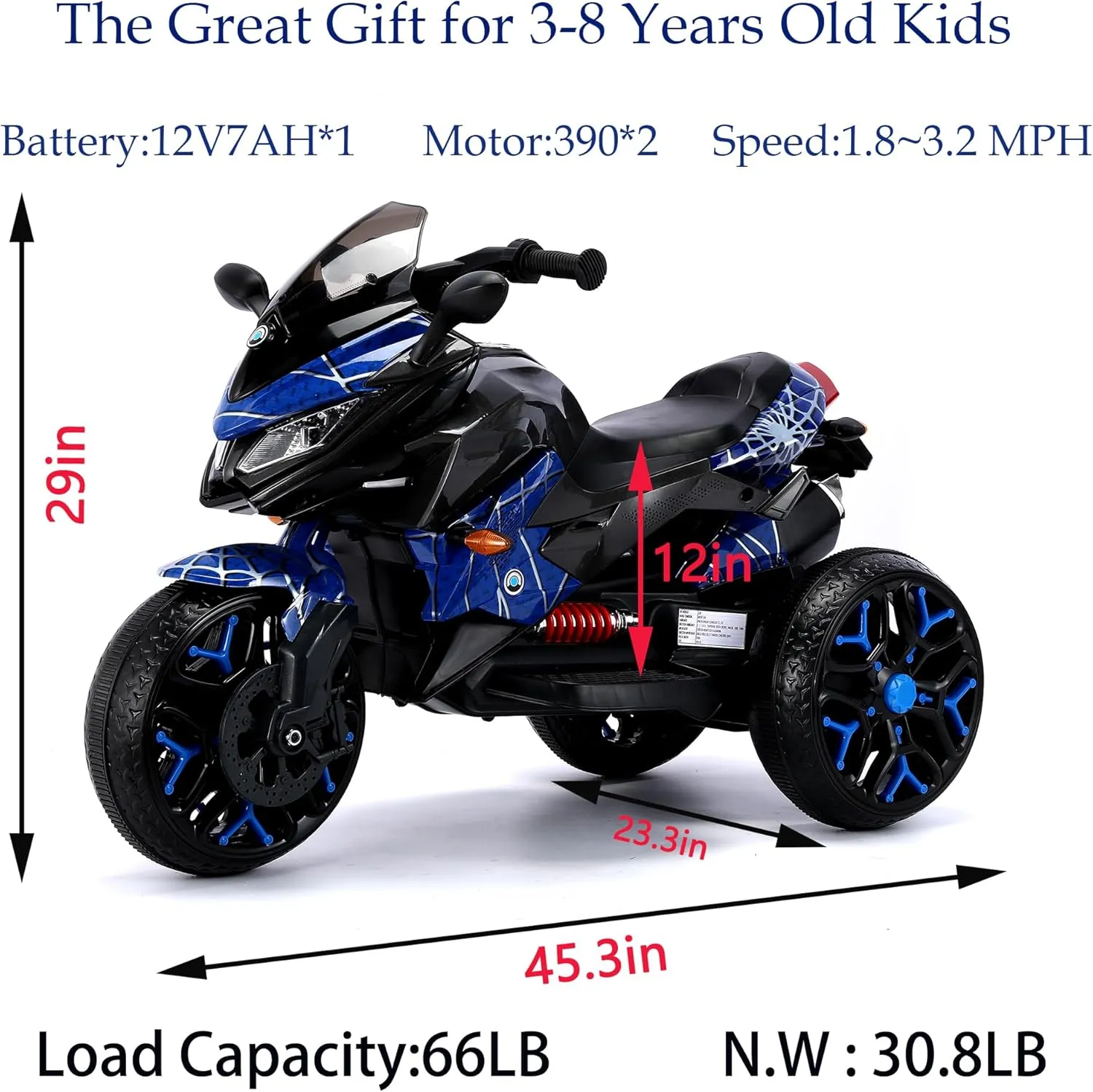 12V Kids 3 Wheel Electric Motorcycle for 3-8 Years Boys Girls Ride on Electric Motorbike, Connect with Phone, Lighting Wheels, Hand Drive for Child Electria Toy Gift, Reticulate Blue