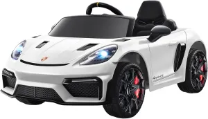 12V Ride on Car Licensed Porsche 718, Kids Electric Car with Remote Control, Front/Rear LED Light, Radio, USB/AUX, Openable Doors, Suspension Function, Durable Tires (White)