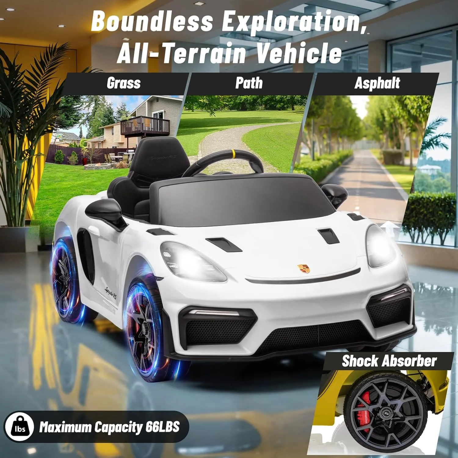 12V Ride on Car Licensed Porsche 718, Kids Electric Car with Remote Control, Front/Rear LED Light, Radio, USB/AUX, Openable Doors, Suspension Function, Durable Tires (White)
