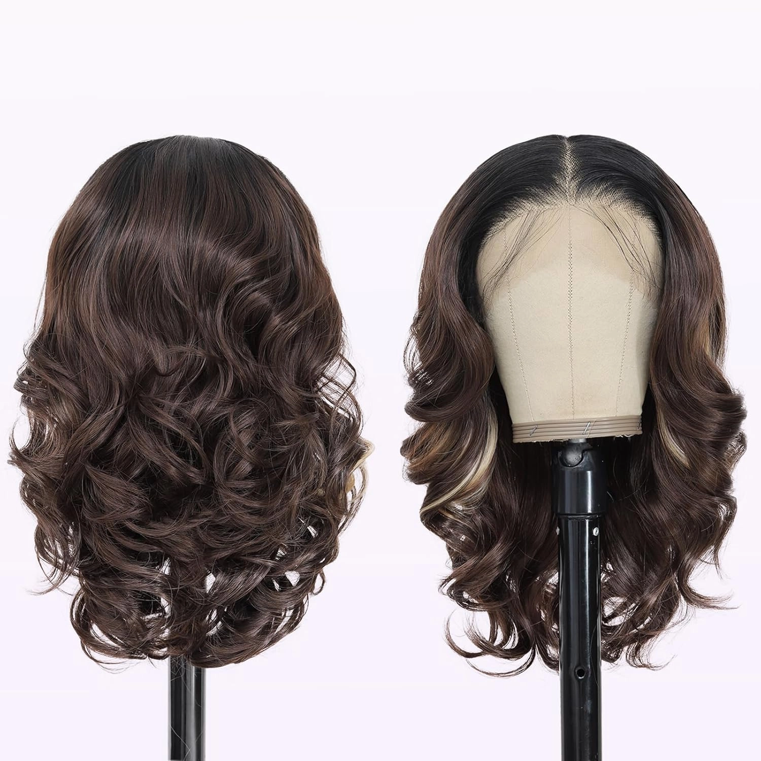 13×6 HD Lace Front Wigs 18 Inch Pre Layered Body Wave Synthetic Glueless Wigs for Women Tiny Knots Lace Natural Hairline Bob Wigs for Black Women White Women (Dark Brown with Highlight)
