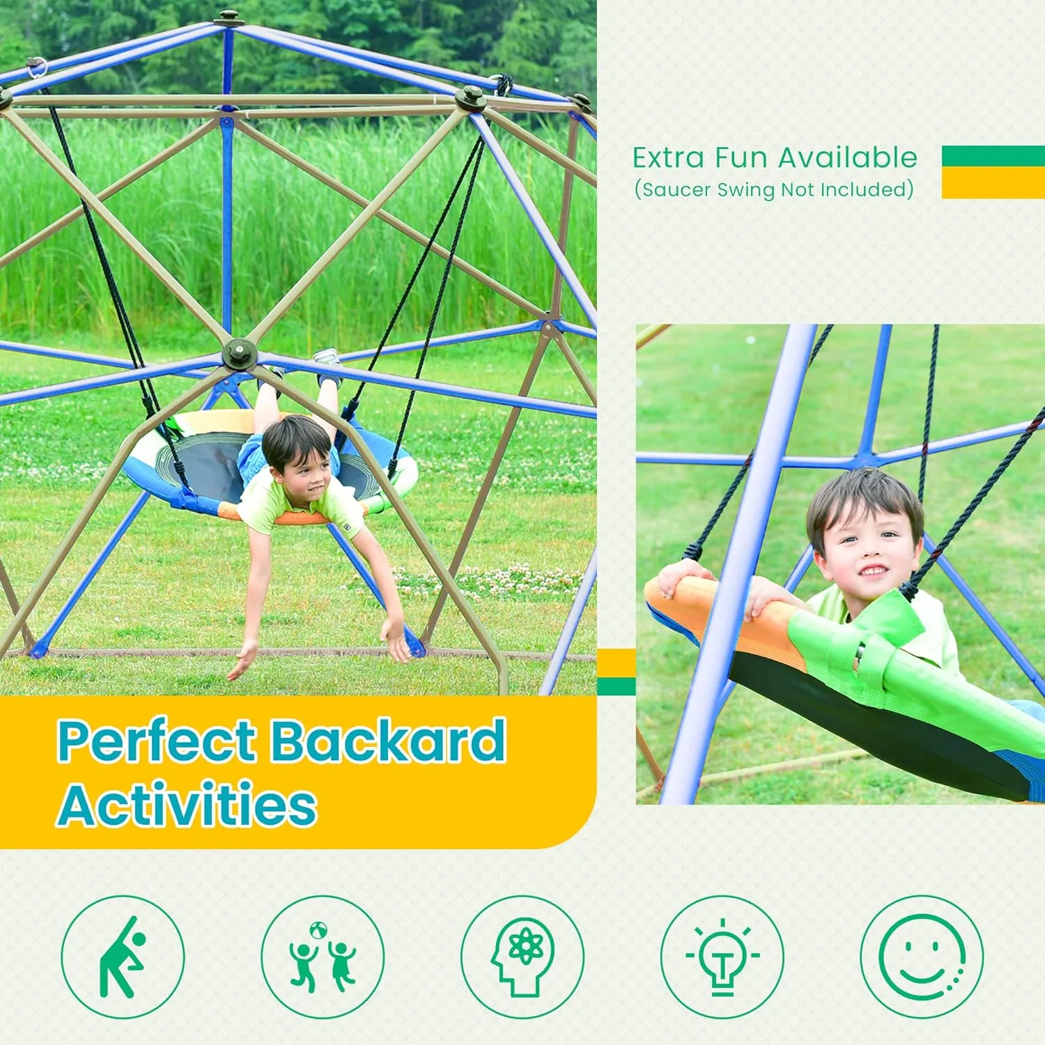 13ft Geometric Dome Climber Play Center, Kids Climbing Dome Tower with Hammock, Rust & UV Resistant Steel Supporting 1000 LBS (Blue  Coffee, 13FT)