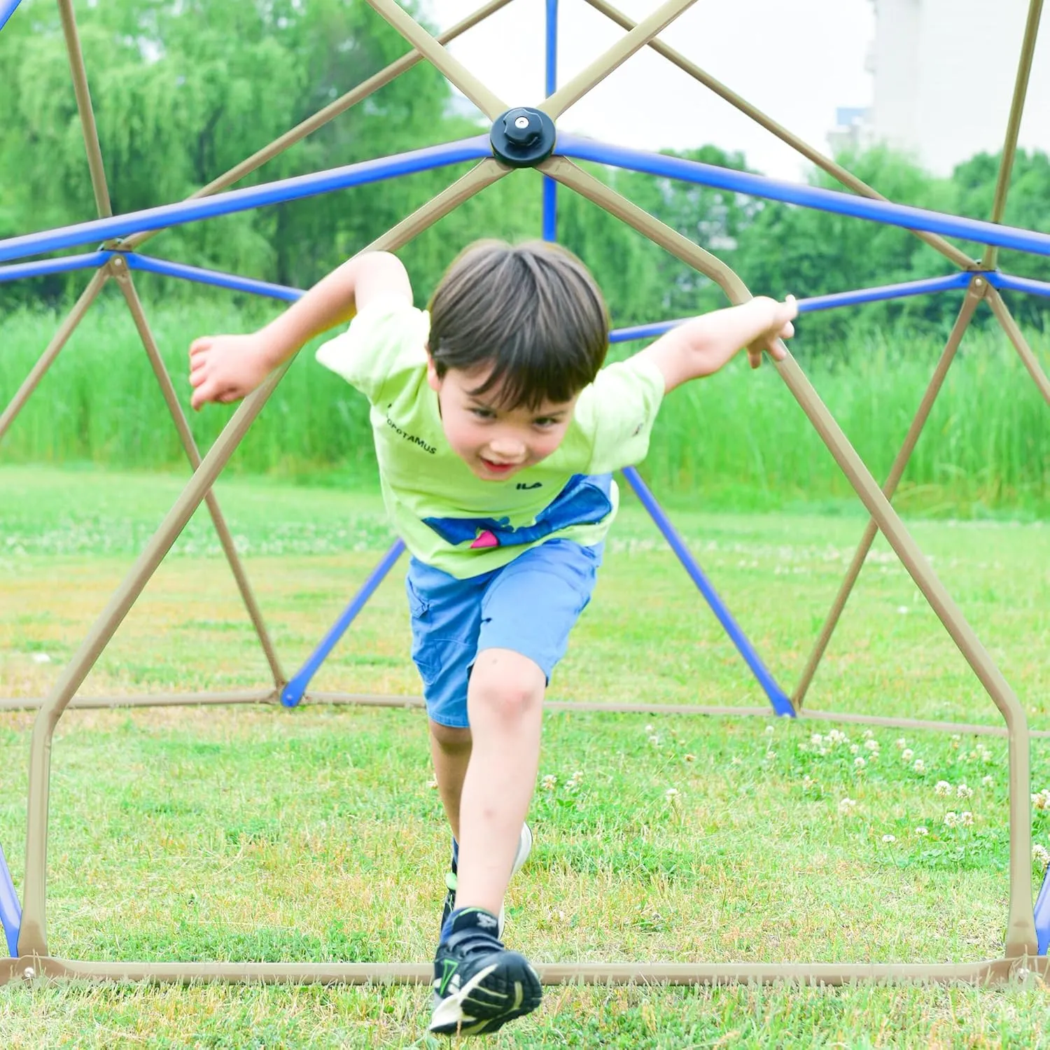 13ft Geometric Dome Climber Play Center, Kids Climbing Dome Tower with Hammock, Rust & UV Resistant Steel Supporting 1000 LBS (Blue  Coffee, 13FT)