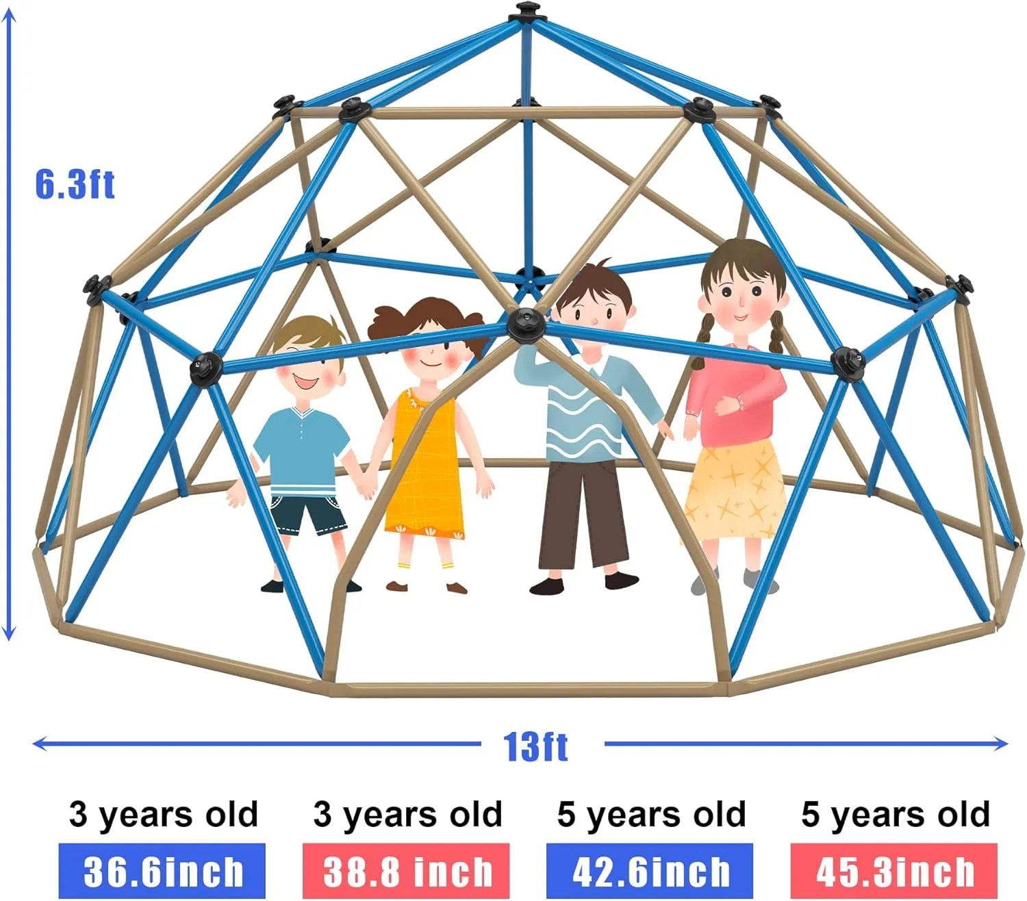 13ft Geometric Dome Climber Play Center, Kids Climbing Dome Tower with Hammock, Rust & UV Resistant Steel Supporting 1000 LBS (Blue  Coffee, 13FT)