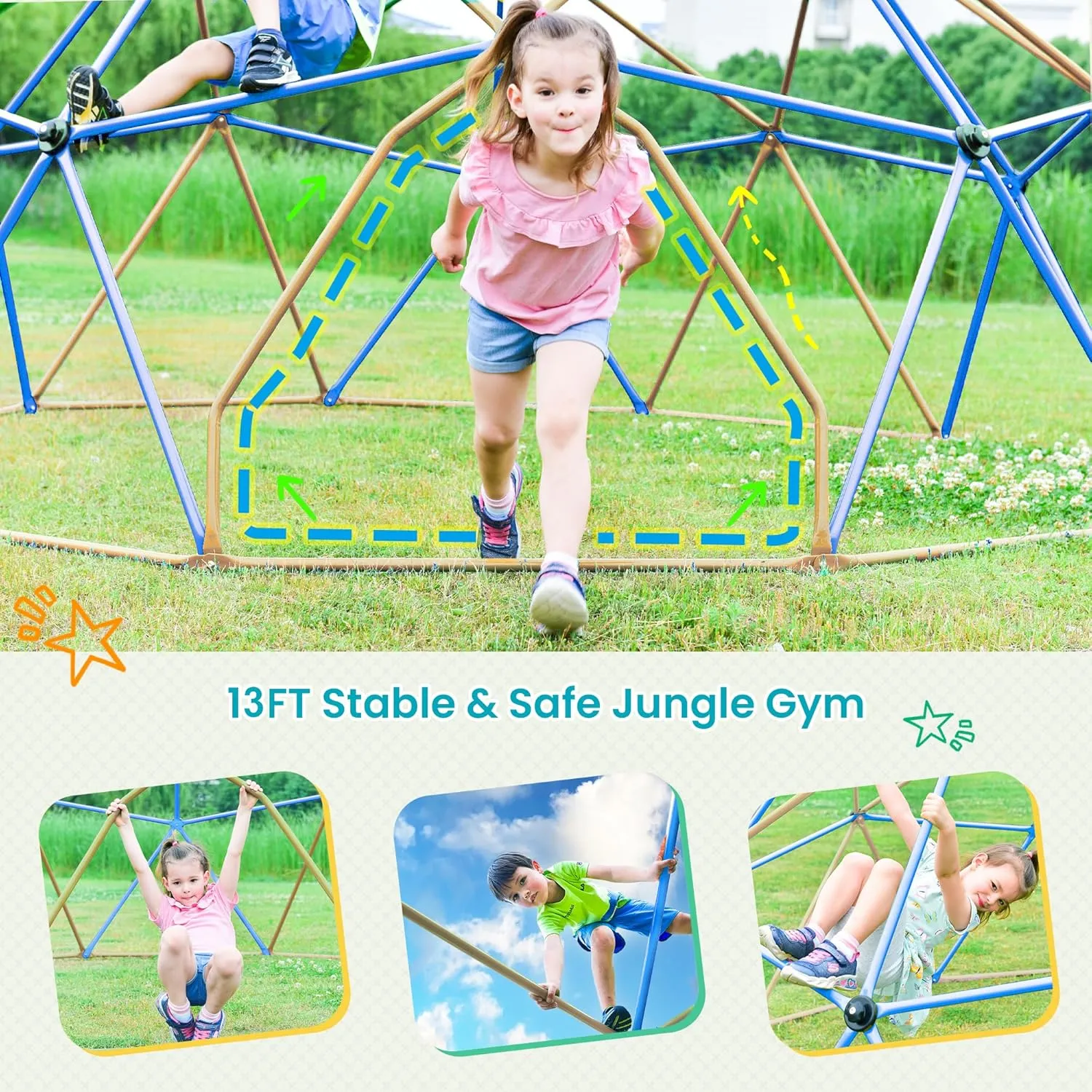 13ft Geometric Dome Climber Play Center, Kids Climbing Dome Tower with Hammock, Rust & UV Resistant Steel Supporting 1000 LBS (Blue  Coffee, 13FT)