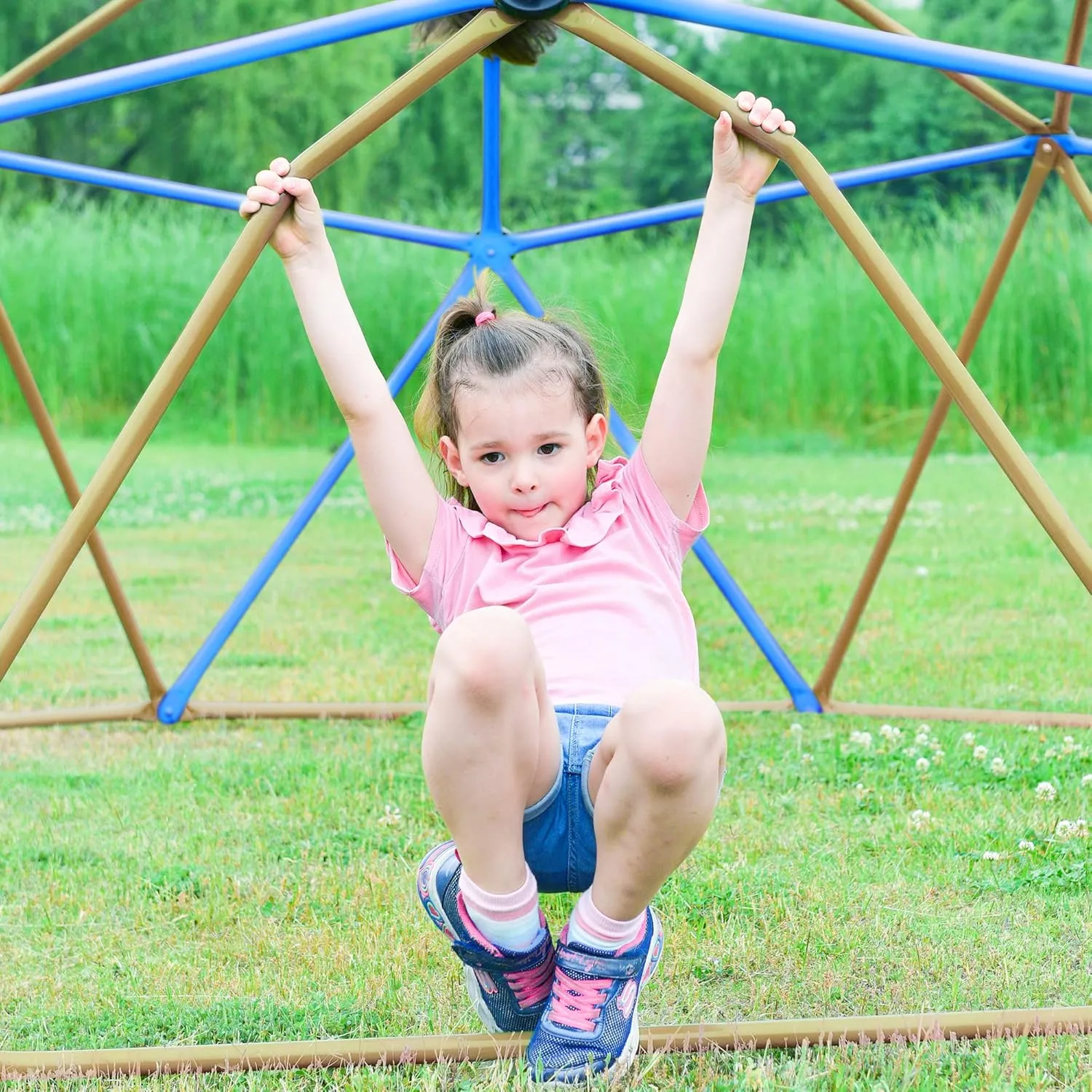 13ft Geometric Dome Climber Play Center, Kids Climbing Dome Tower with Hammock, Rust & UV Resistant Steel Supporting 1000 LBS (Blue  Coffee, 13FT)