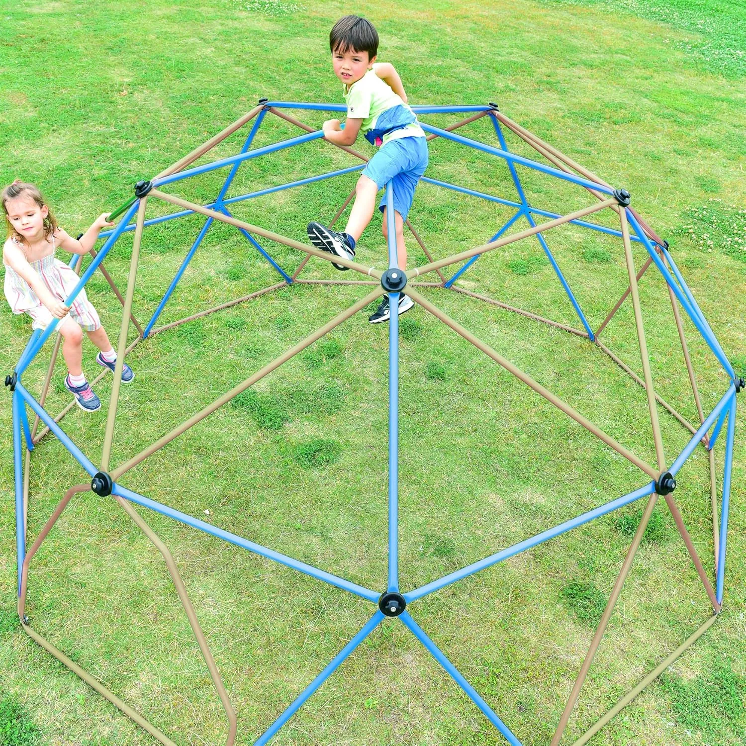 13ft Geometric Dome Climber Play Center, Kids Climbing Dome Tower with Hammock, Rust & UV Resistant Steel Supporting 1000 LBS (Blue  Coffee, 13FT)