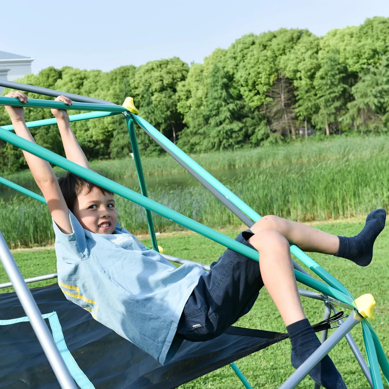 13ft Geometric Dome Climber Play Center, Kids Climbing Dome Tower with Hammock, Rust & UV Resistant Steel Supporting 1000 LBS (Green, 13FT)
