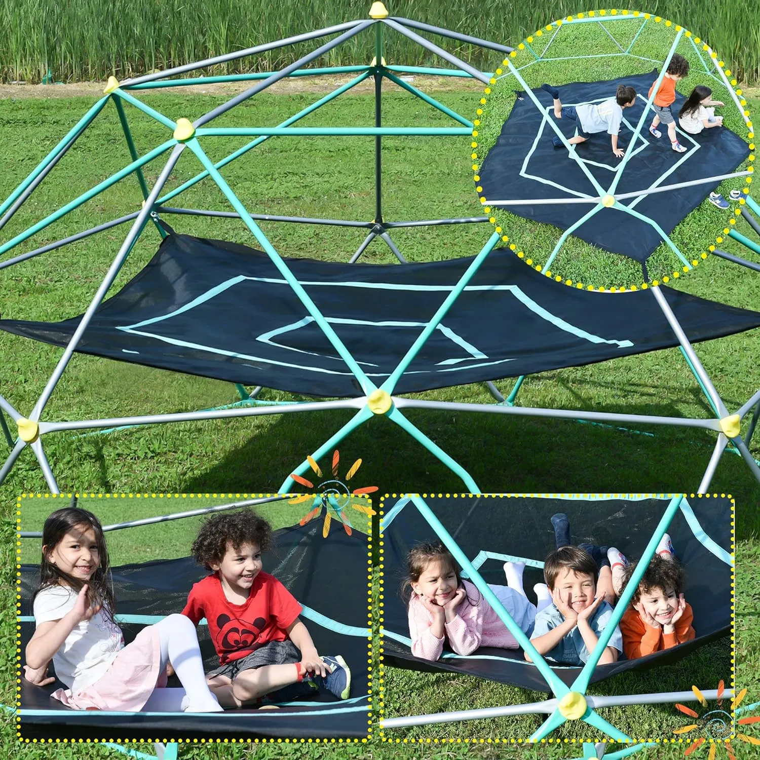 13ft Geometric Dome Climber Play Center, Kids Climbing Dome Tower with Hammock, Rust & UV Resistant Steel Supporting 1000 LBS (Green, 13FT)