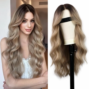 13x4.5 Synthetic Lace Front Wig Glueless Free Part 27" Long Dirty Blonde Wavy Pre Plucked Hairline, Heat Resistant Hand Tied Natural Density Pre Cut Lace Wigs for White Women Daily Party Use