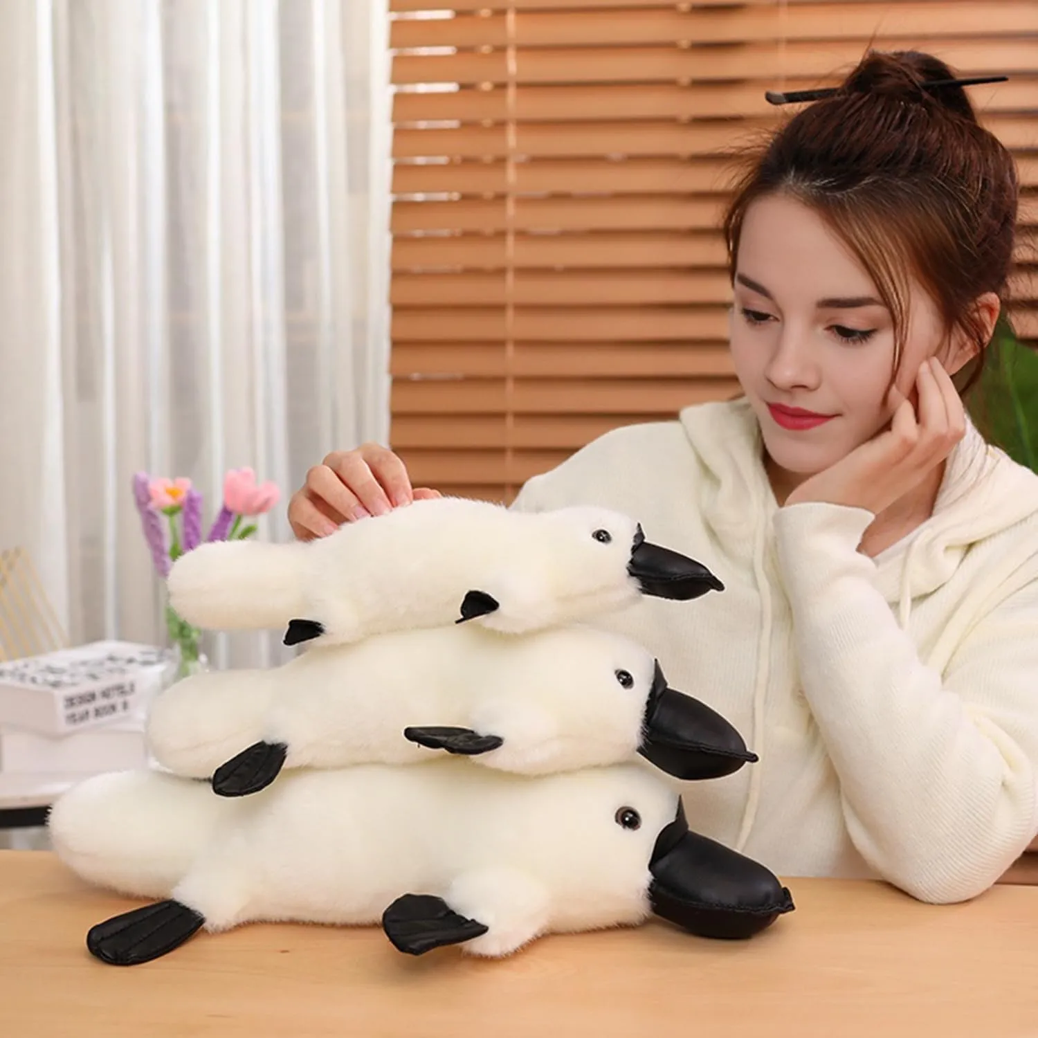 14 Inch Long Realistic Look Stuffed Platypus Animal Soft Plush Figure Toys Kawaii Plushies Duckbill Gift for Kids and Lovers (White)