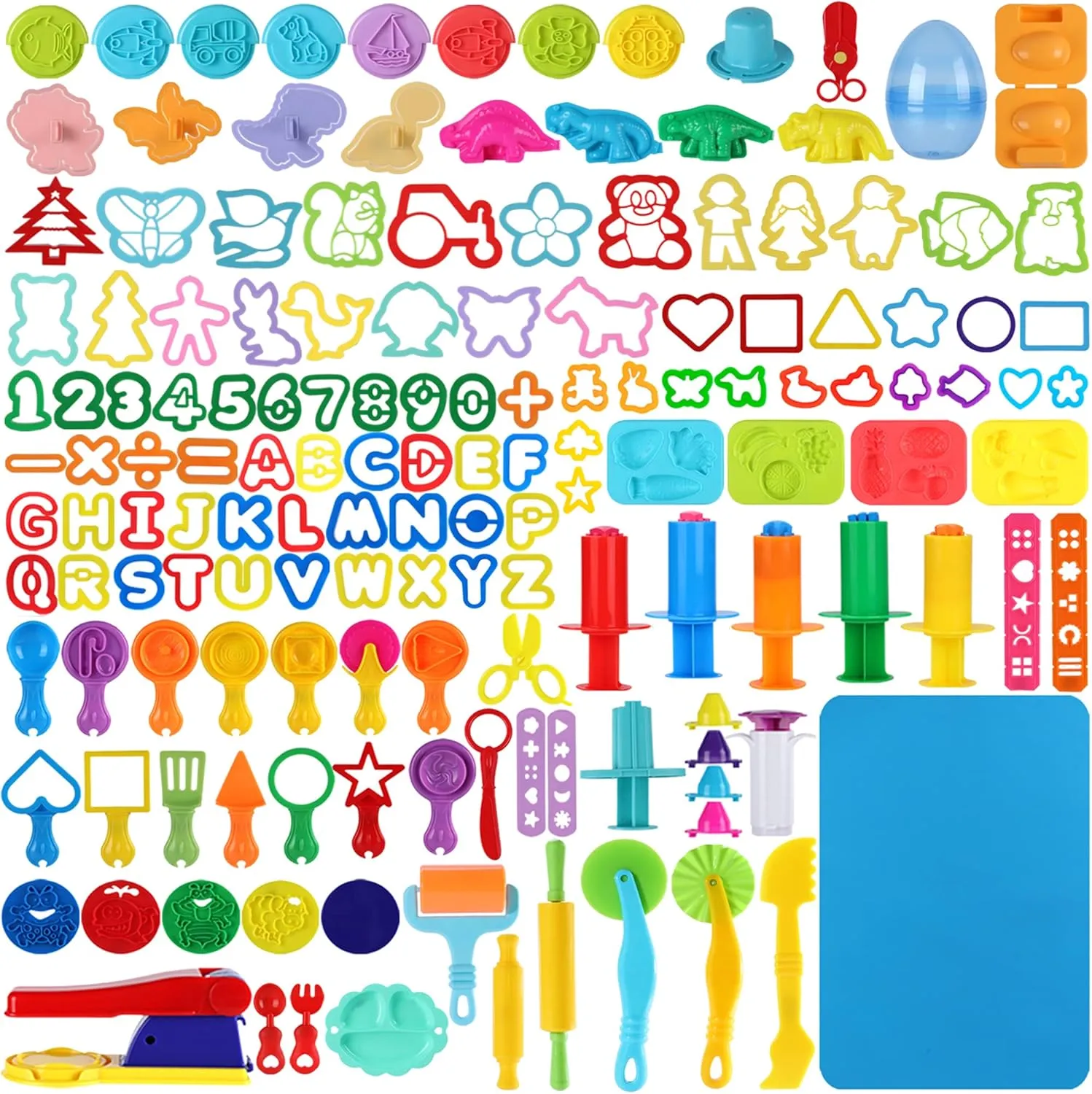 144 PCS Playdough Tools Set for Kids, Playdough Accessories Various Shape Molds, Animal, Dinosaur, Stamps, Letters, Numbers, Extruder, Scissors, Cutters, Rollers, Dough Mat with Storage Bag