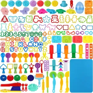 144 PCS Playdough Tools Set for Kids, Playdough Accessories Various Shape Molds, Animal, Dinosaur, Stamps, Letters, Numbers, Extruder, Scissors, Cutters, Rollers, Dough Mat with Storage Bag