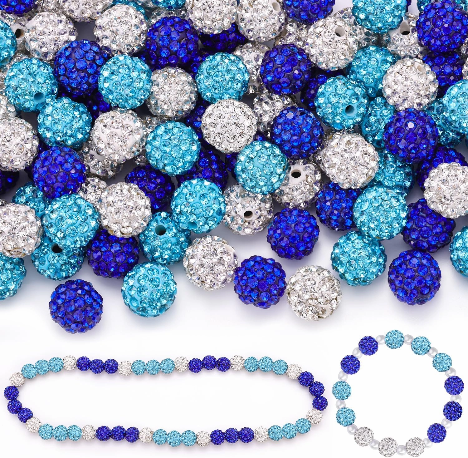 150pcs 10mm Rhinestone Beads for Jewelry Making, Aquamarine Dark Blue White Shiny Round Shamballa Disco Beads, Sparkle Crystal Clay Christmas for Bracelet Baseball Necklace Earring and DIY