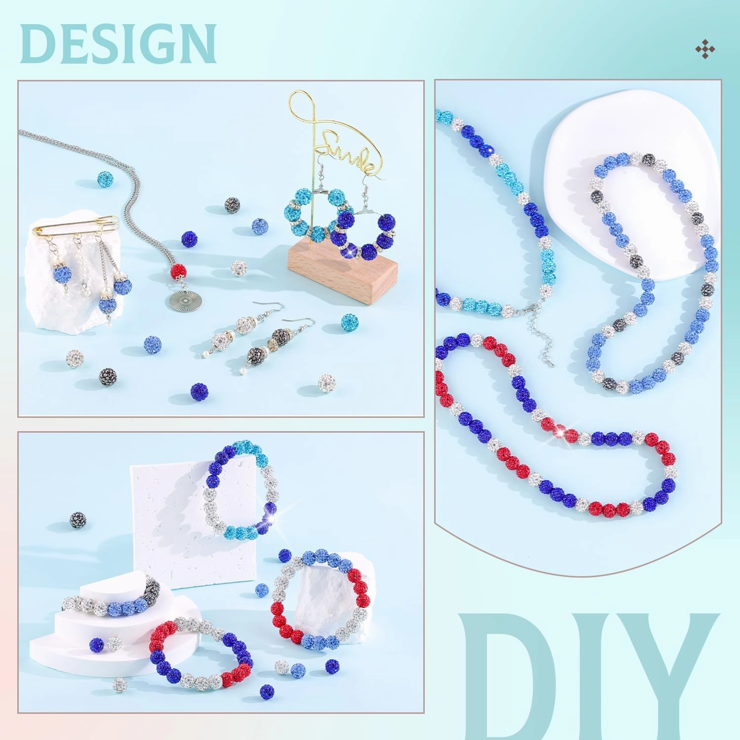 150pcs 10mm Rhinestone Beads for Jewelry Making, Aquamarine Dark Blue White Shiny Round Shamballa Disco Beads, Sparkle Crystal Clay Christmas for Bracelet Baseball Necklace Earring and DIY