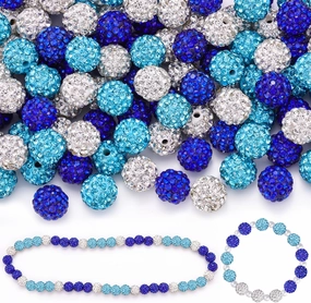 150pcs 10mm Rhinestone Beads for Jewelry Making, Aquamarine Dark Blue White Shiny Round Shamballa Disco Beads, Sparkle Crystal Clay Christmas for Bracelet Baseball Necklace Earring and DIY