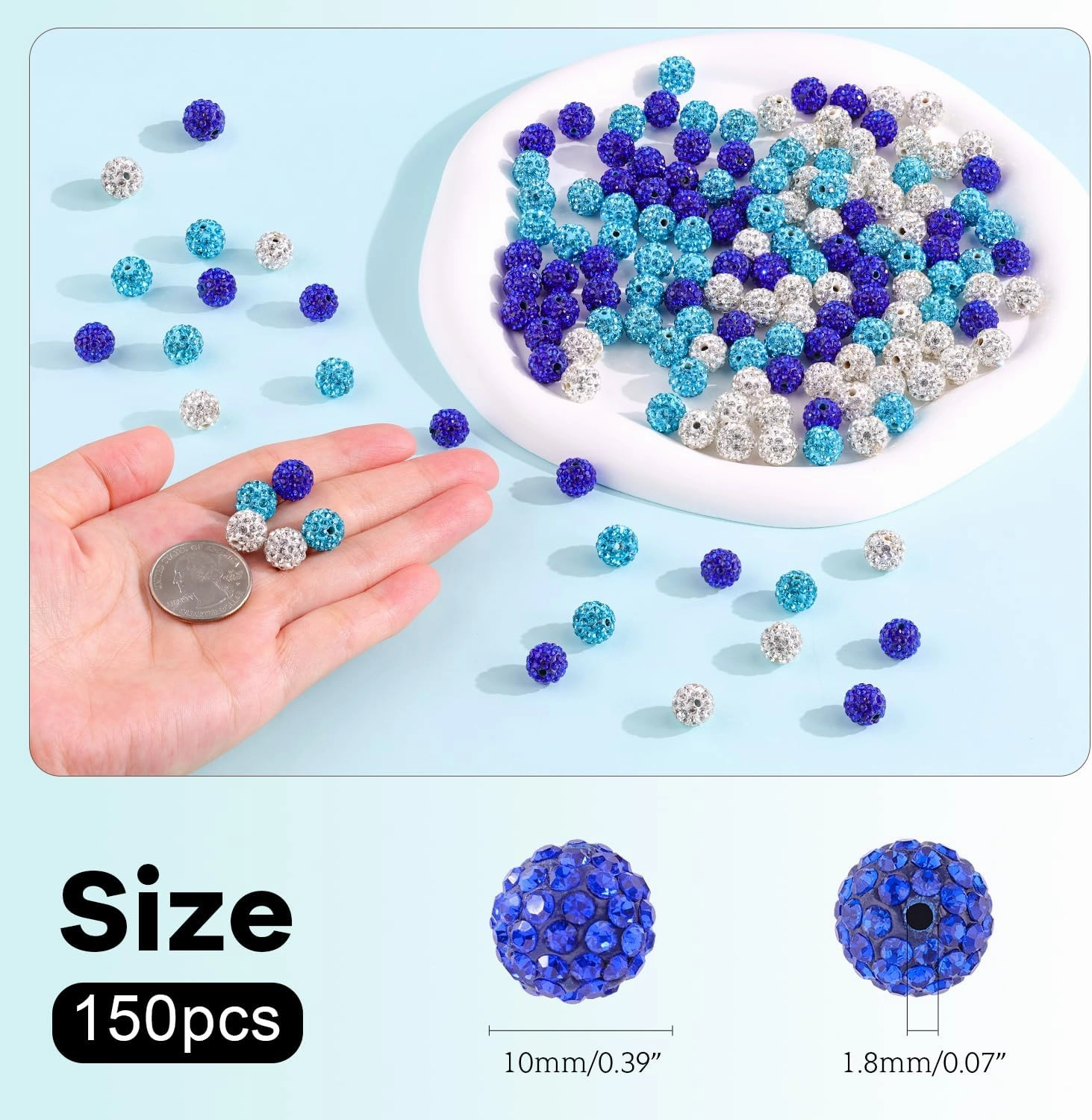 150pcs 10mm Rhinestone Beads for Jewelry Making, Aquamarine Dark Blue White Shiny Round Shamballa Disco Beads, Sparkle Crystal Clay Christmas for Bracelet Baseball Necklace Earring and DIY