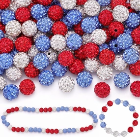 150pcs 10mm Rhinestone Beads for Jewelry Making, Red White Light Blue Shiny Round Shamballa Disco Beads, Sparkle Crystal Clay Christmas for Bracelet Baseball Necklace Earring Crafting and DIY