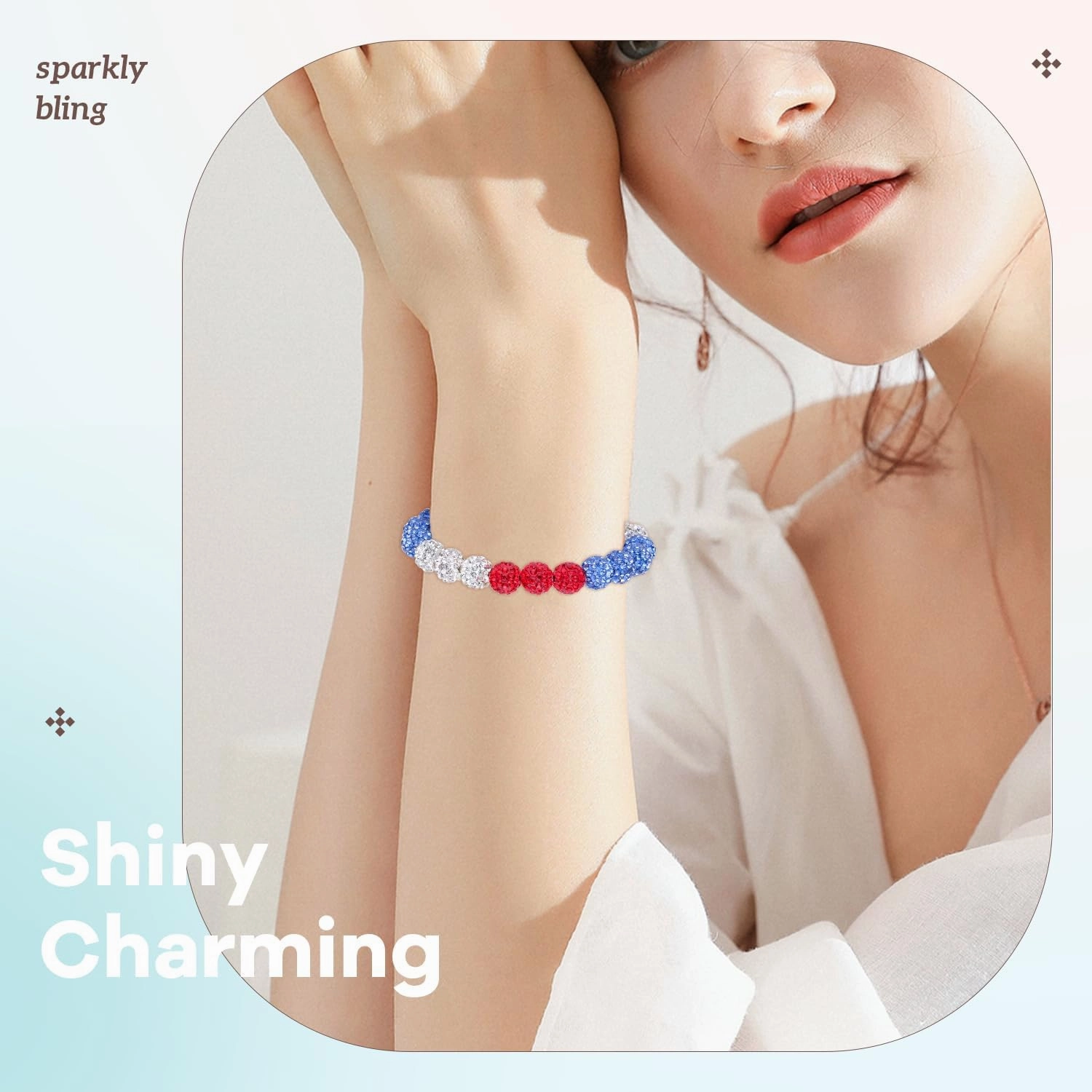 150pcs 10mm Rhinestone Beads for Jewelry Making, Red White Light Blue Shiny Round Shamballa Disco Beads, Sparkle Crystal Clay Christmas for Bracelet Baseball Necklace Earring Crafting and DIY