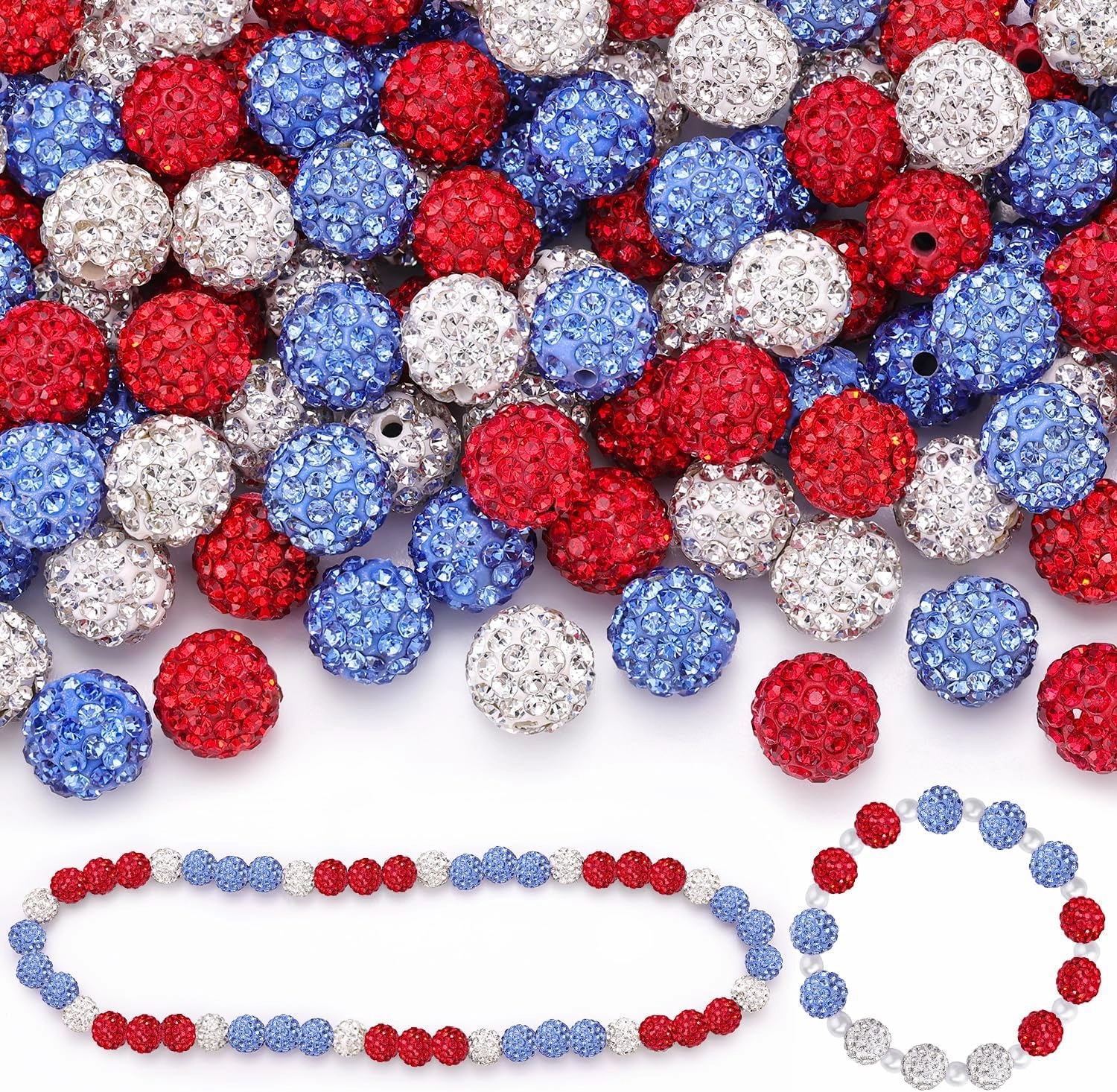 150pcs 10mm Rhinestone Beads for Jewelry Making, Red White Light Blue Shiny Round Shamballa Disco Beads, Sparkle Crystal Clay Christmas for Bracelet Baseball Necklace Earring Crafting and DIY