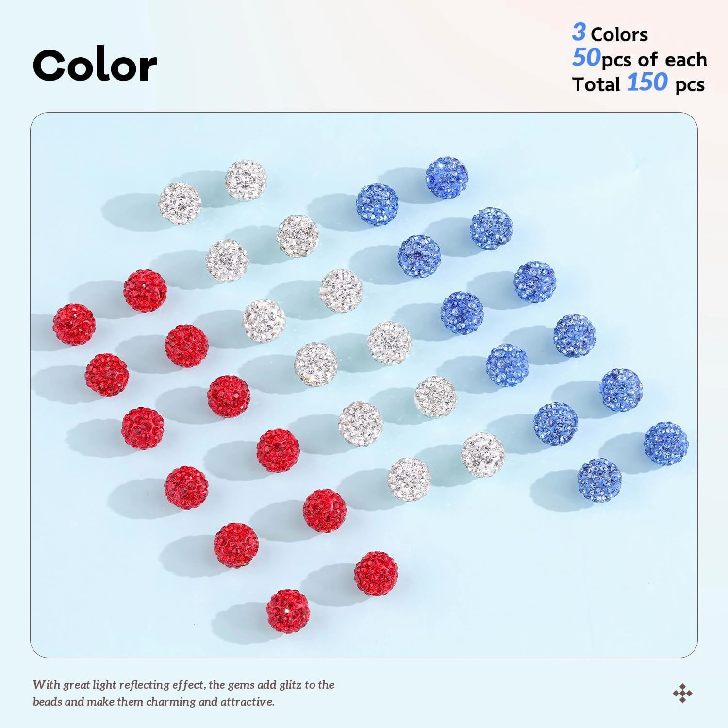 150pcs 10mm Rhinestone Beads for Jewelry Making, Red White Light Blue Shiny Round Shamballa Disco Beads, Sparkle Crystal Clay Christmas for Bracelet Baseball Necklace Earring Crafting and DIY