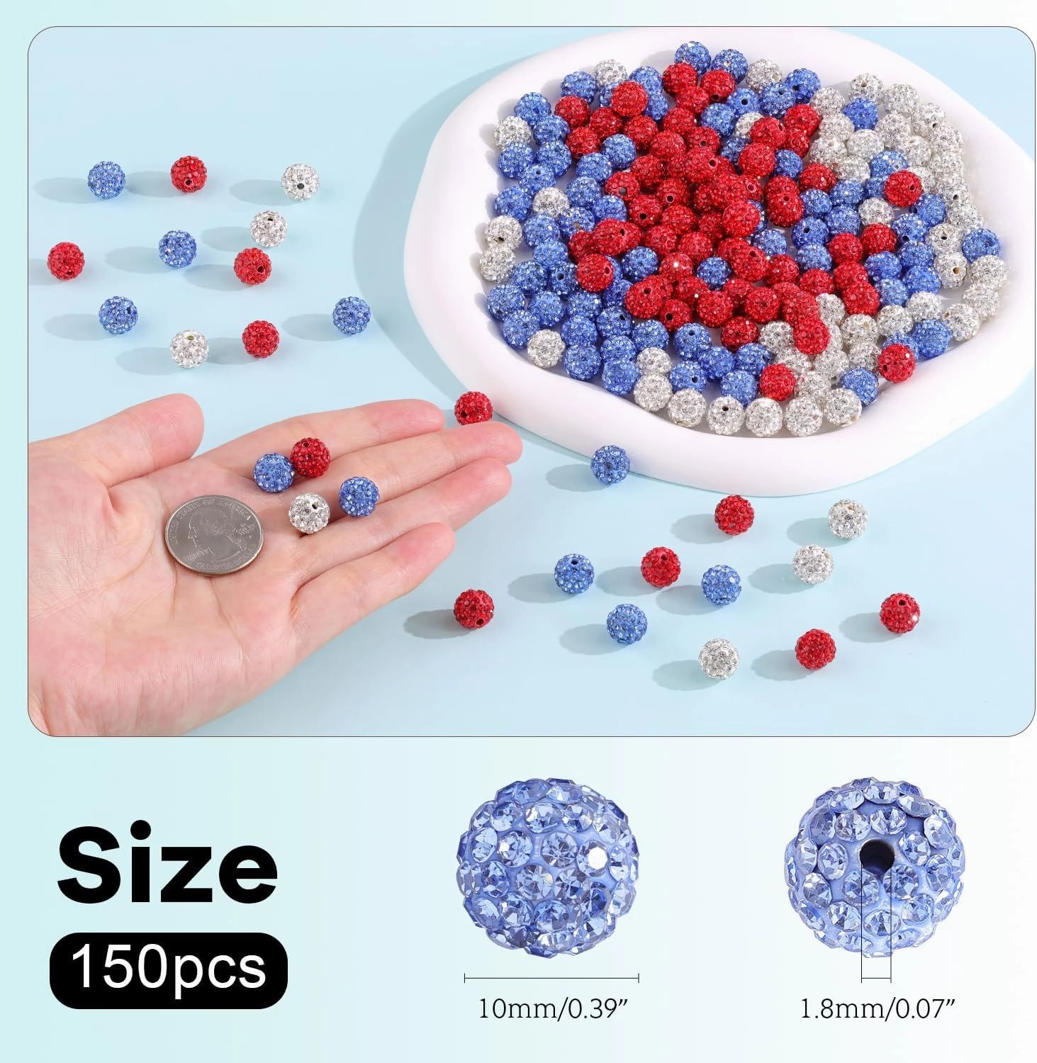 150pcs 10mm Rhinestone Beads for Jewelry Making, Red White Light Blue Shiny Round Shamballa Disco Beads, Sparkle Crystal Clay Christmas for Bracelet Baseball Necklace Earring Crafting and DIY