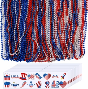 155 Pack Bulk Metallic Patriotic Red White Blue Beaded Necklace Jewelry and Patriotic Temporary Tattoos Toy Assortment Party Favor Supplies for 4th of July Independence Day Patriotic Parade Giveaways