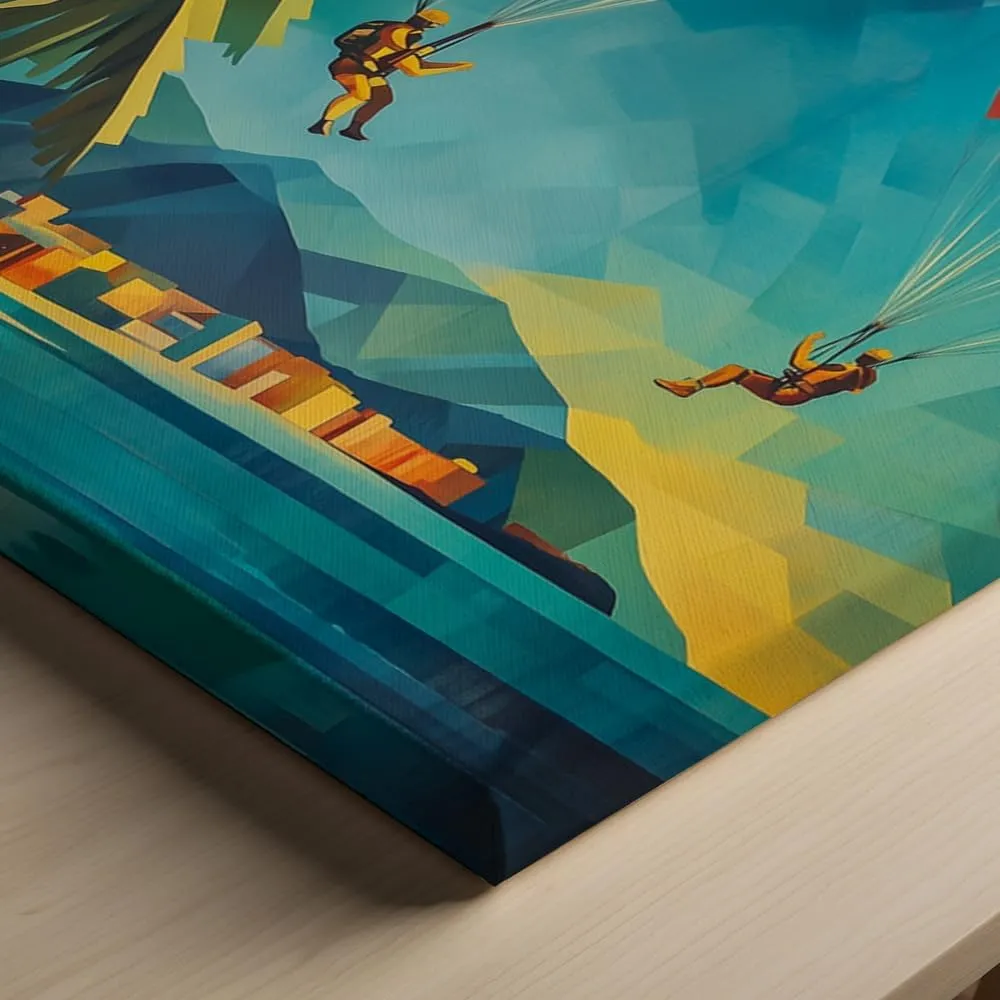 (16 x 20 x 1.25 IN) Gallery Wrapped Canvas Wall Art Print of Cubism Poster: Parachutist parachuting over a tropical island at a vibrant festival - 100% Cotton, Ready to Hang, High-D - 925UNCAh577408WH