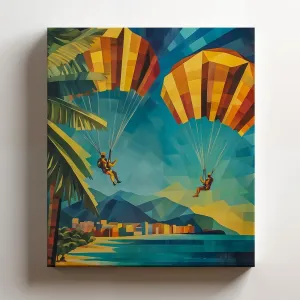 (16 x 20 x 1.25 IN) Gallery Wrapped Canvas Wall Art Print of Cubism Poster: Parachutist parachuting over a tropical island at a vibrant festival - 100% Cotton, Ready to Hang, High-D - 925UNCAh577408WH