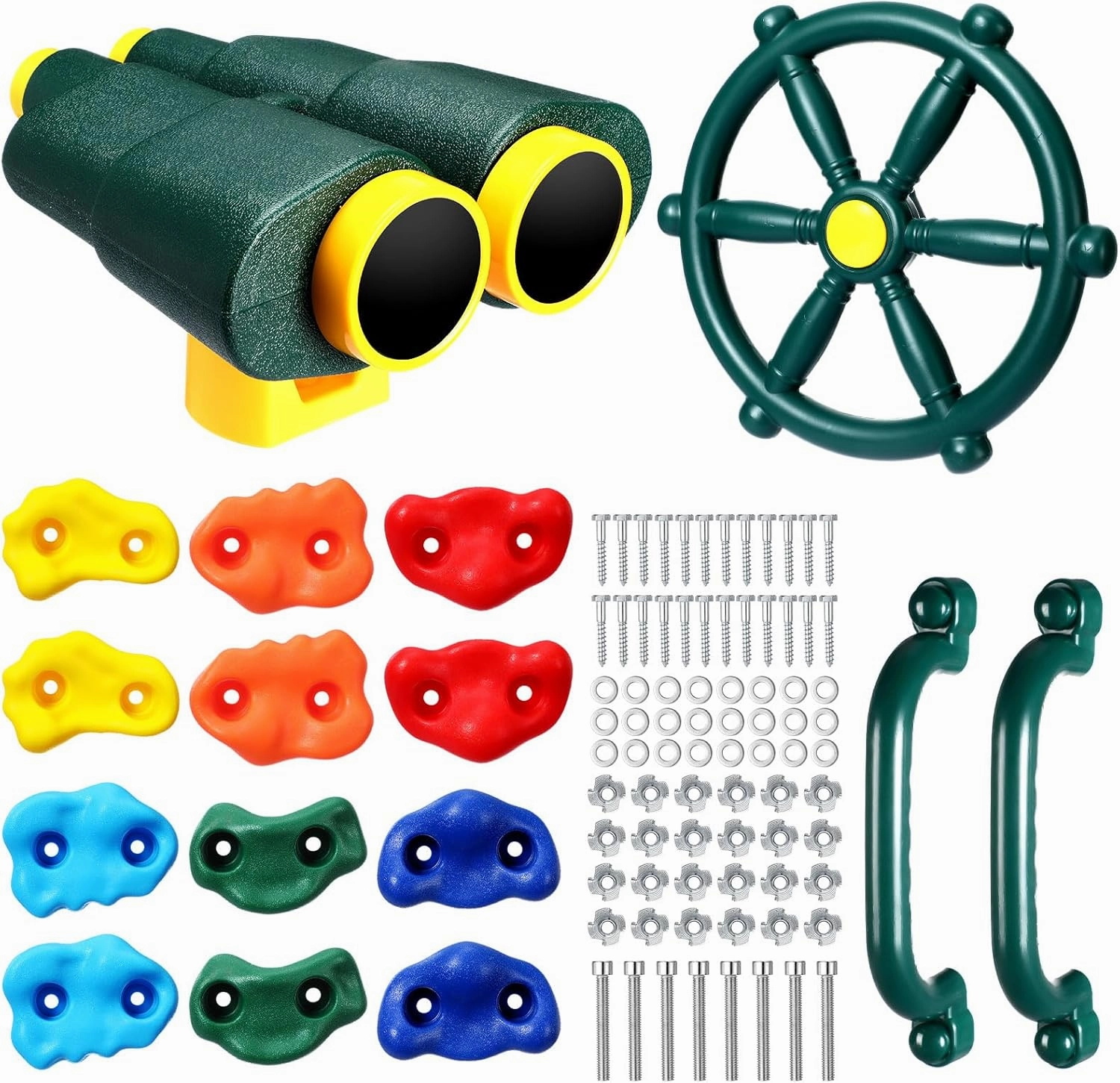 16 Pcs Playground Accessories Set Pirate Plastic Playground Equipment Set Backyard Pirate Plastic Ship Playset with Ship Wheel Binoculars Safety Handle Bars Rock Climbing Holds(Green)