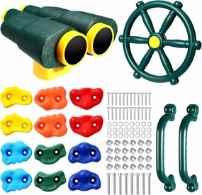 16 Pcs Playground Accessories Set Pirate Plastic Playground Equipment Set Backyard Pirate Plastic Ship Playset with Ship Wheel Binoculars Safety Handle Bars Rock Climbing Holds(Green)